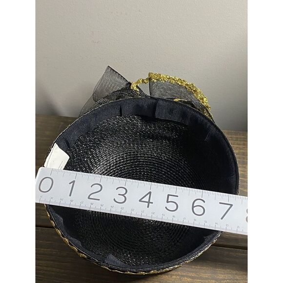Black Woven Mesh Pillbox Hat Gold Trim bow Elegant Church Formal kentucky derby - Picture 6 of 7